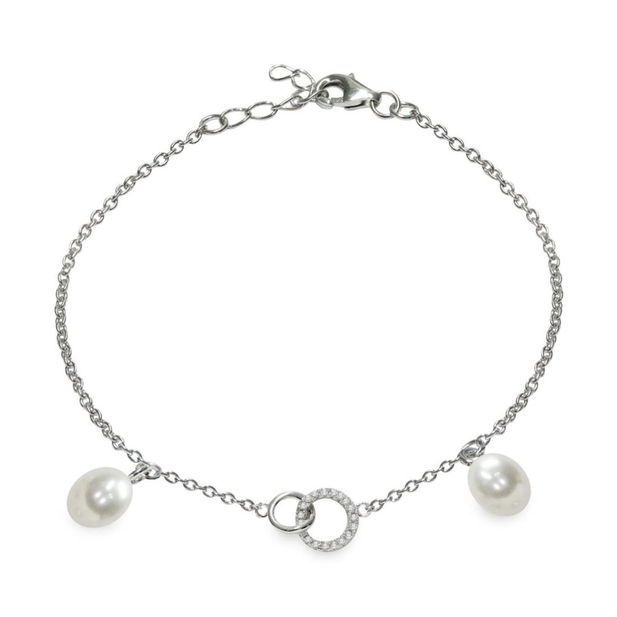 Gioielli MAYUMI | Bracciale In Argento Con Due Perle Piena Perlagione Drop Pendenti E Zirconi