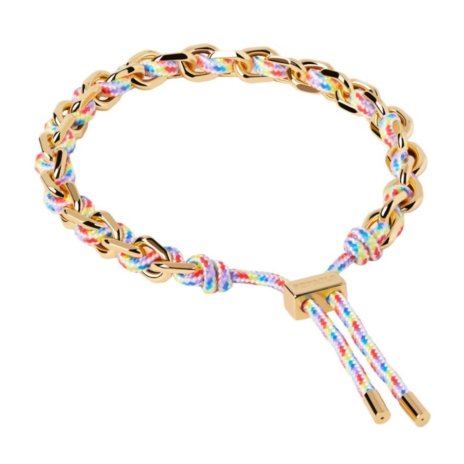 Gioielli PDPAOLA | Bracciale Prisma In Argento Placcato Oro 18Kt E Corda Multicolor