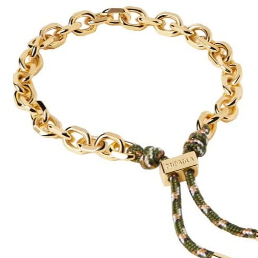 Gioielli PDPAOLA | Bracciale Rope In Argento Placcato Oro 18Kt Con Corda Verde Nella Chiusura