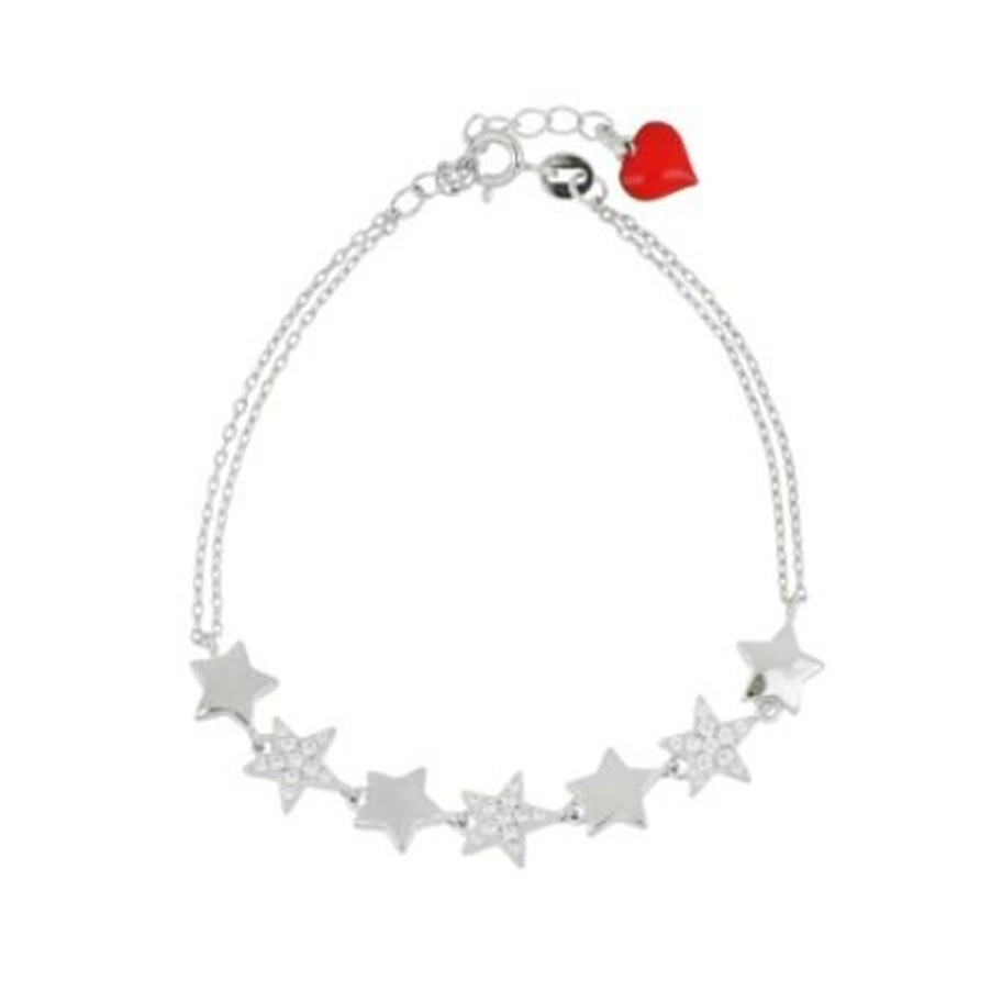 Gioielli CUORI MILANO | Bracciale Doppio Filo Angelic In Argento Rodiato Con Pendenti Stelle E Cristalli